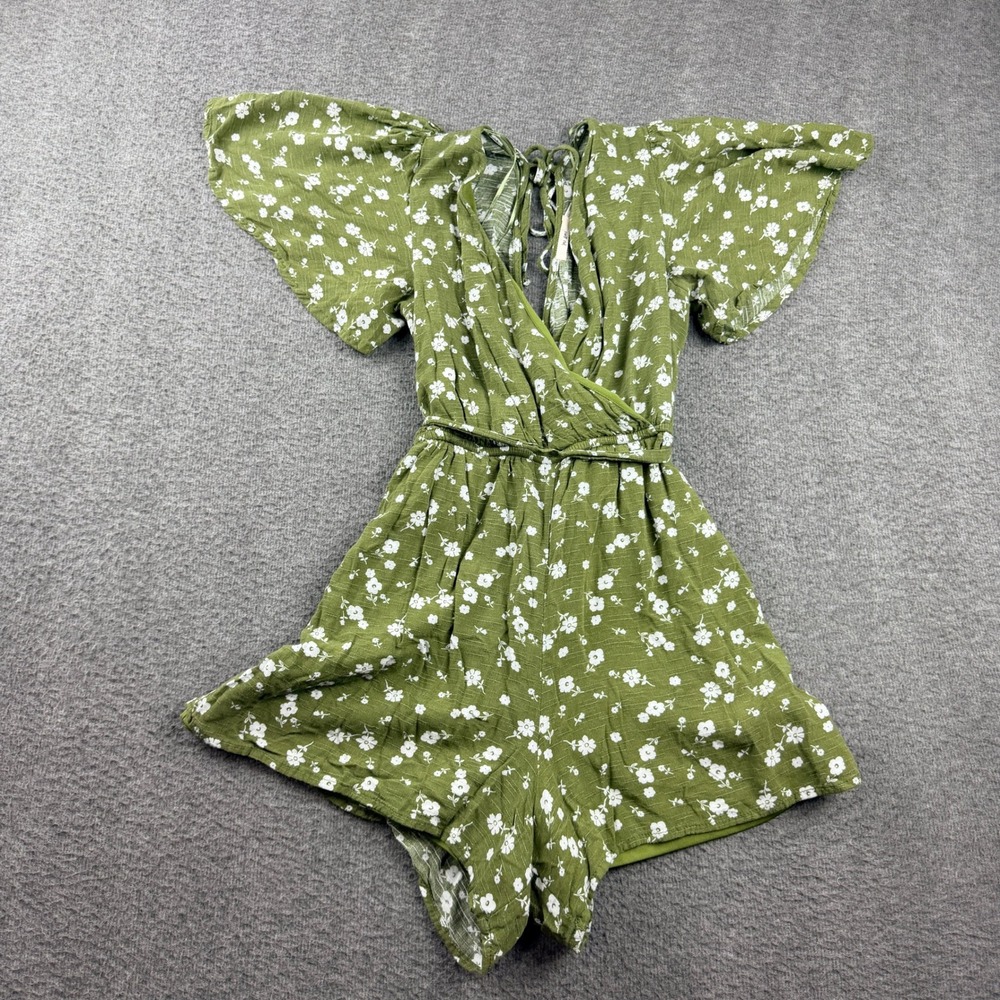 Mi Ami Olive Green Floral Romper XS Flutter Sleeve Tie Waist Mini Jumpsuit